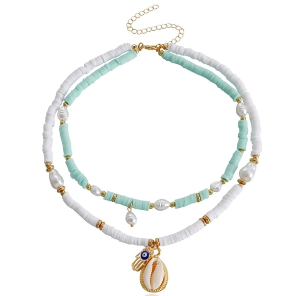 Fashion Jewelry Jewelry - Aquamarine and White Faux Puka Layered Necklace